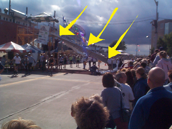 Where you wondering how much headwind there was while you were skating? Enough to knock down the finish line scaffolding. I talked to a woman who went though the line eight seconds before it collapsed. Luckily racers were still able to get under it to register a finishing time.